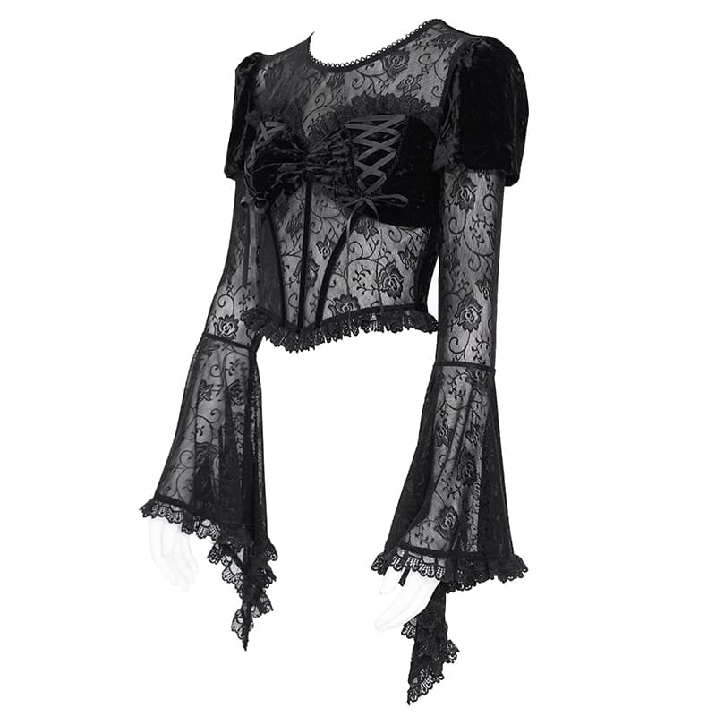 EVA LADY Women's Gothic Lace-up Rose Mesh Puff Flare Sleeve Velvet Top