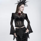 EVA LADY Women's Gothic Lace-up Rose Mesh Puff Flare Sleeve Velvet Top
