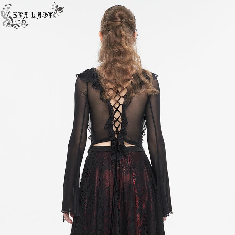 EVA LADY Women's Gothic Lace-up Ruffled Mesh Shirt