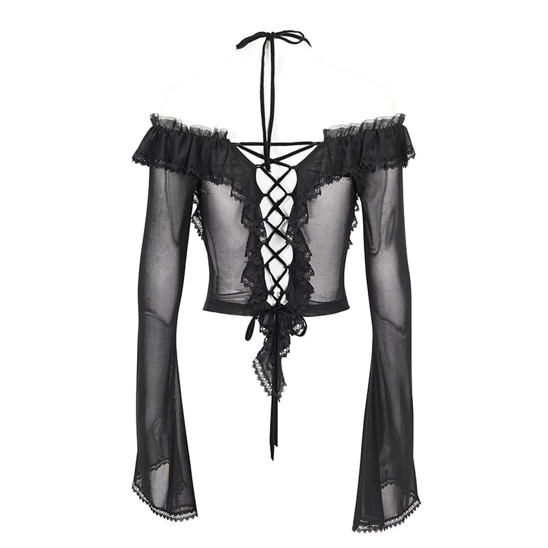 EVA LADY Women's Gothic Lace-up Ruffled Mesh Shirt