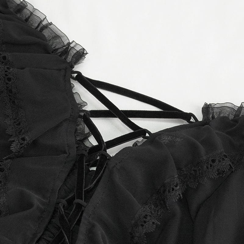 EVA LADY Women's Gothic Lace-up Ruffled Mesh Shirt