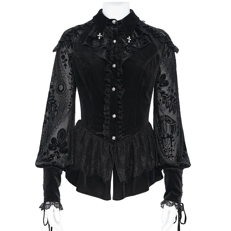 EVA LADY Women's Gothic Lace-up Ruffled Turn-down Collar Long Sleeve Blouse