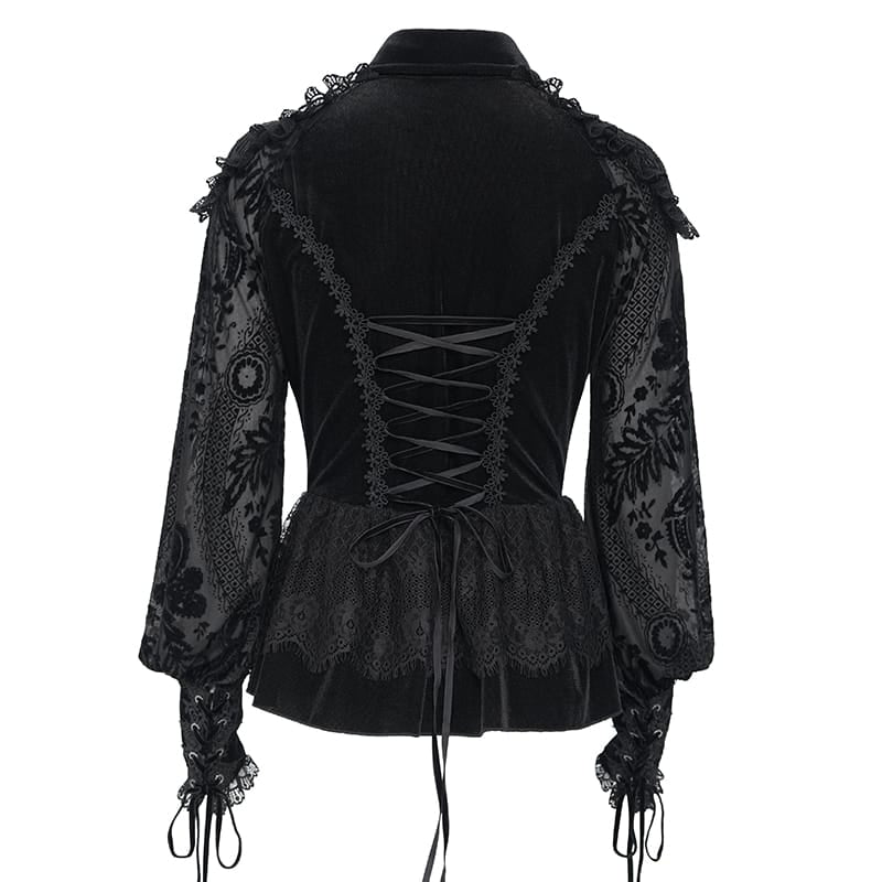 EVA LADY Women's Gothic Lace-up Ruffled Turn-down Collar Long Sleeve Blouse