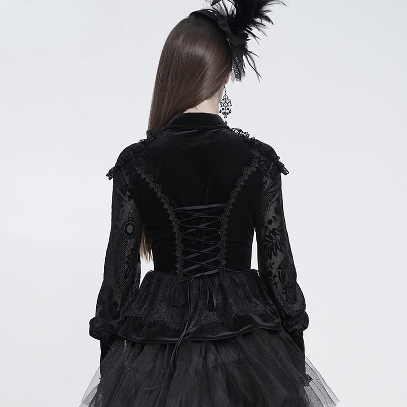 EVA LADY Women's Gothic Lace-up Ruffled Turn-down Collar Long Sleeve Blouse