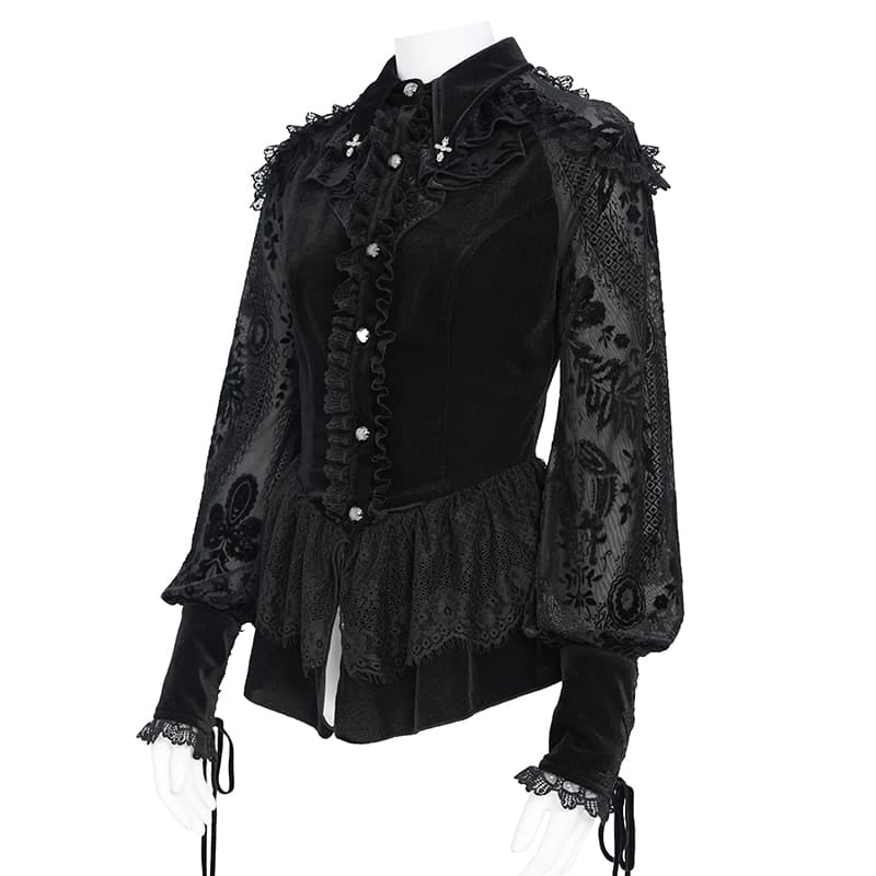 EVA LADY Women's Gothic Lace-up Ruffled Turn-down Collar Long Sleeve Blouse
