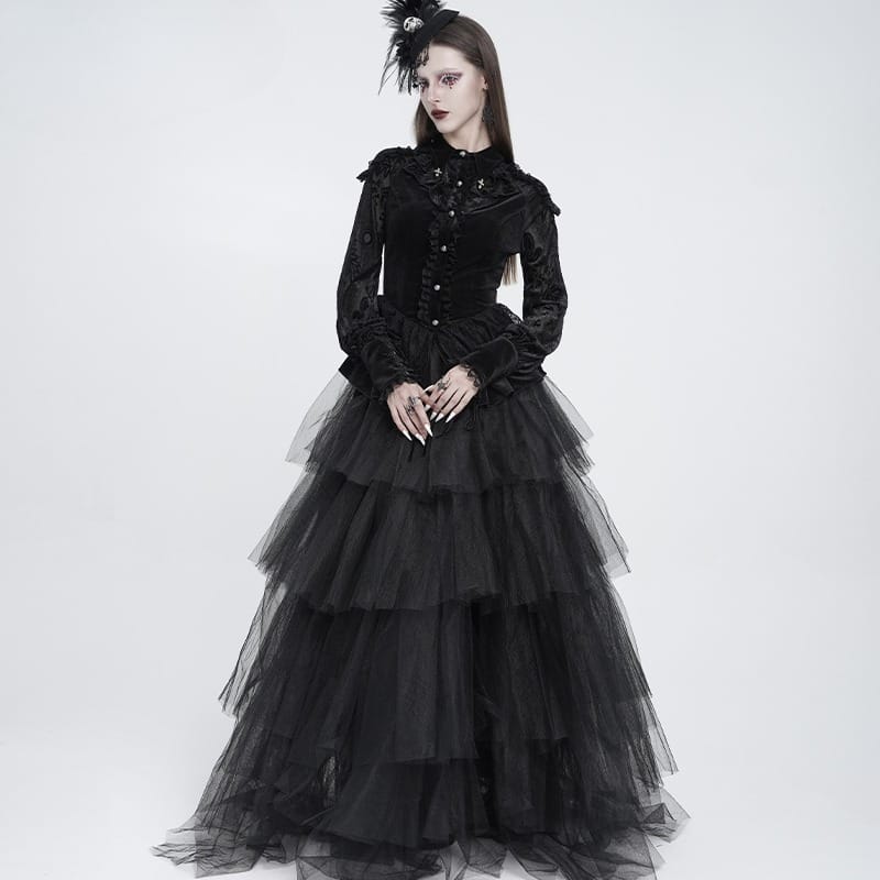 EVA LADY Women's Gothic Lace-up Ruffled Turn-down Collar Long Sleeve Blouse