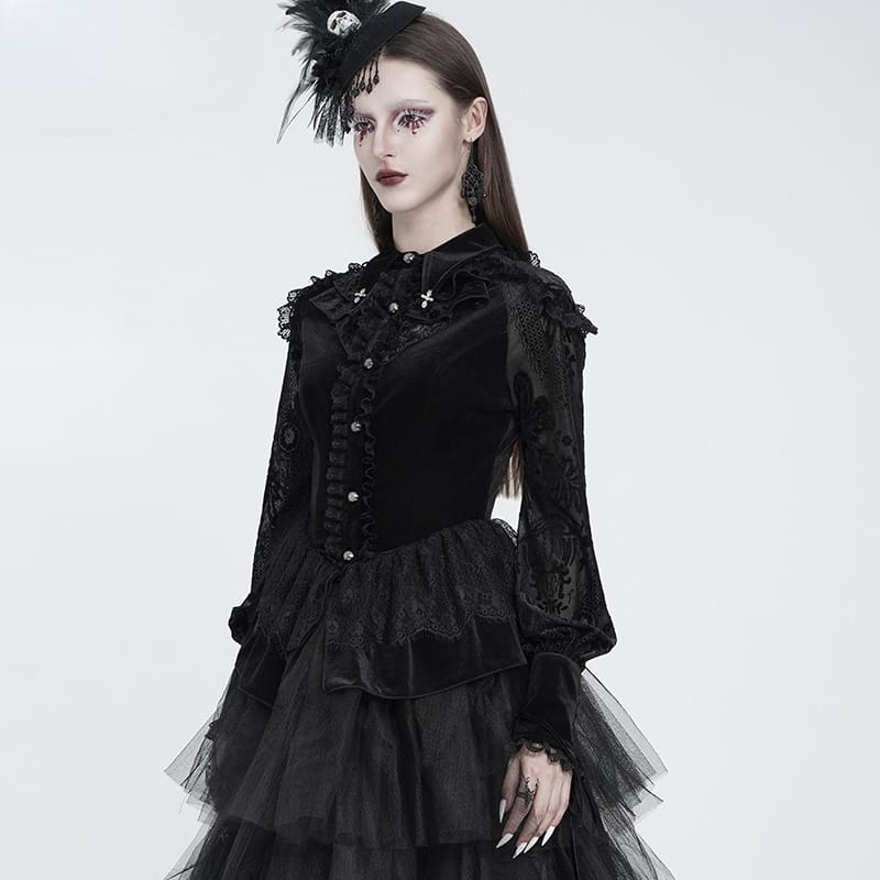 EVA LADY Women's Gothic Lace-up Ruffled Turn-down Collar Long Sleeve Blouse