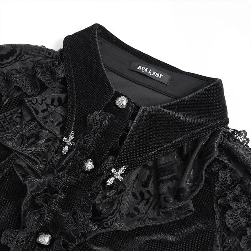EVA LADY Women's Gothic Lace-up Ruffled Turn-down Collar Long Sleeve Blouse