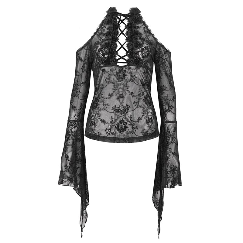 EVA LADY Women's Gothic Off Shoulder Flared Sleeved Mesh Shirt