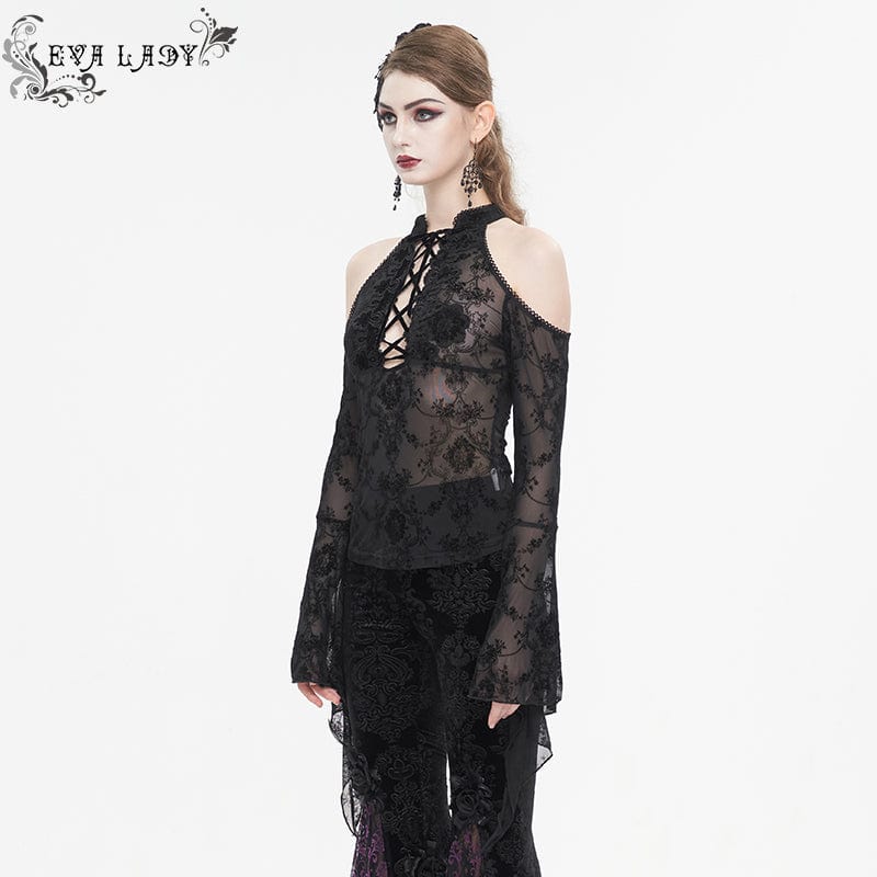 EVA LADY Women's Gothic Off Shoulder Flared Sleeved Mesh Shirt
