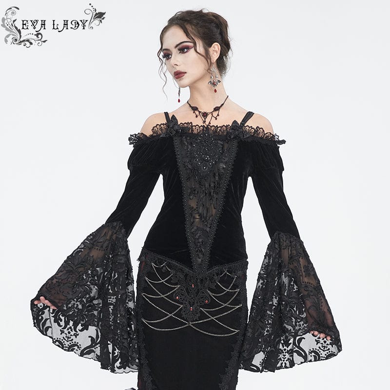 EVA LADY Women's Gothic Off Shoulder Lace Splice Velvet Shirt Black