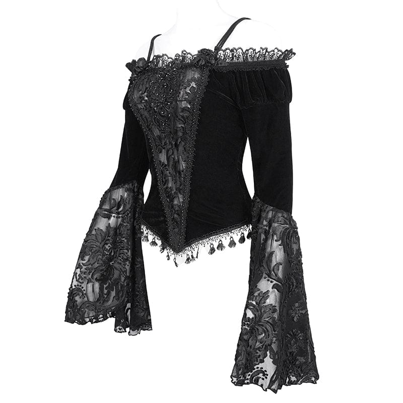 EVA LADY Women's Gothic Off Shoulder Lace Splice Velvet Shirt Black
