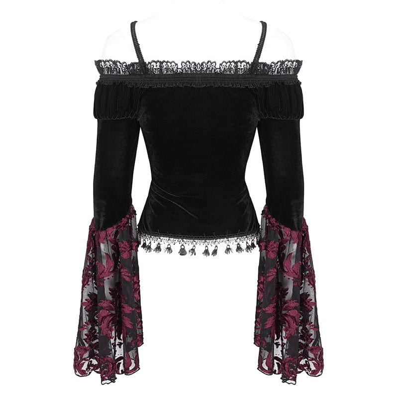 EVA LADY Women's Gothic Off Shoulder Lace Splice Velvet Shirt Red