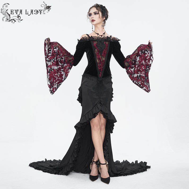 EVA LADY Women's Gothic Off Shoulder Lace Splice Velvet Shirt Red