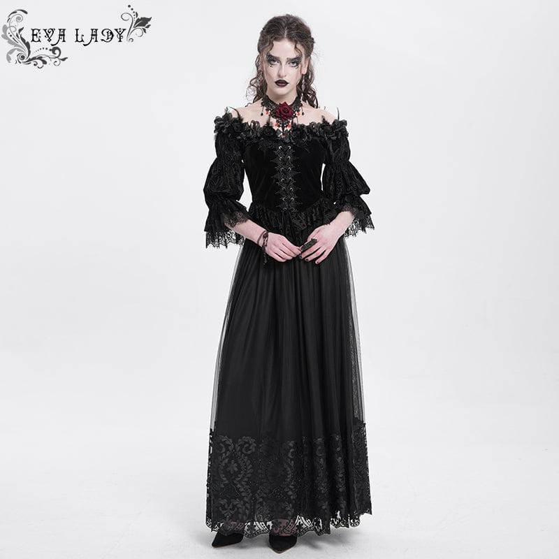 EVA LADY Women's Gothic Off-the-shoulder Ruffled Velvet Shirt Black