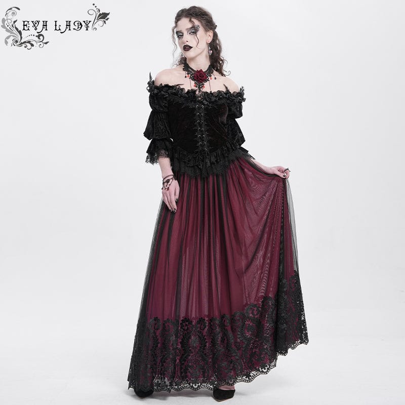 EVA LADY Women's Gothic Off-the-shoulder Ruffled Velvet Shirt Red