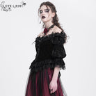 EVA LADY Women's Gothic Off-the-shoulder Ruffled Velvet Shirt Red