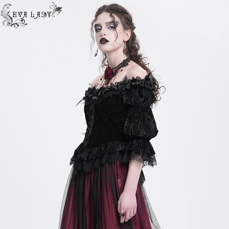 EVA LADY Women's Gothic Off-the-shoulder Ruffled Velvet Shirt Red