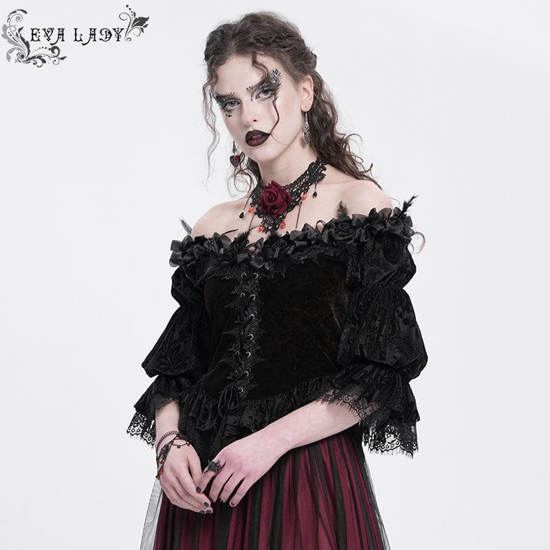 EVA LADY Women's Gothic Off-the-shoulder Ruffled Velvet Shirt Red