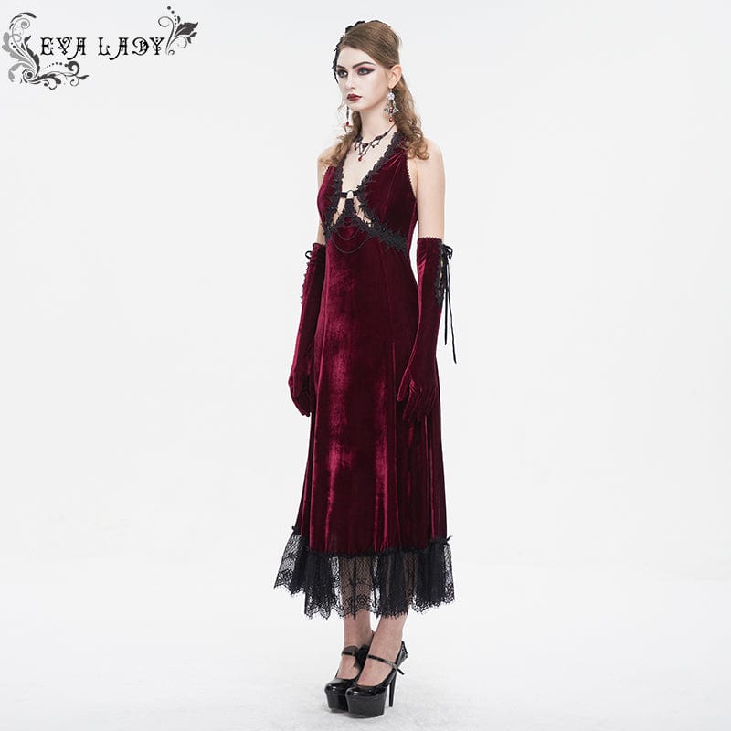EVA LADY Women's Gothic Plunging Lace-up Lace Hem Slip Dress Red
