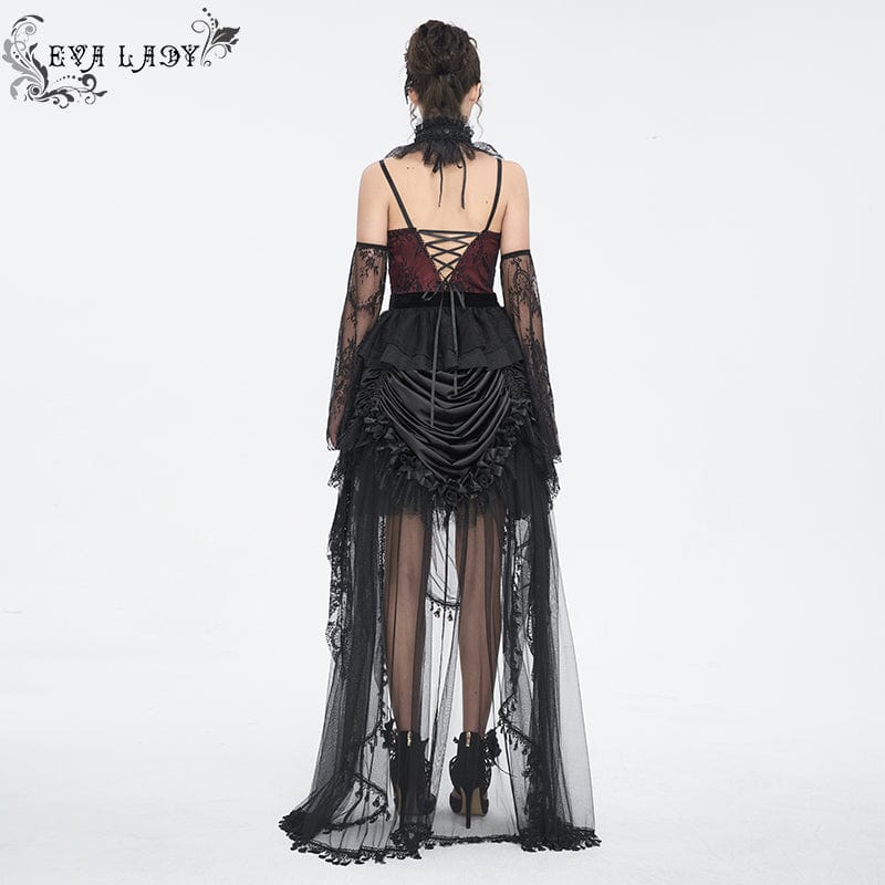 EVA LADY Women's Gothic Plunging Layered Lace Shirt with Oversleeves