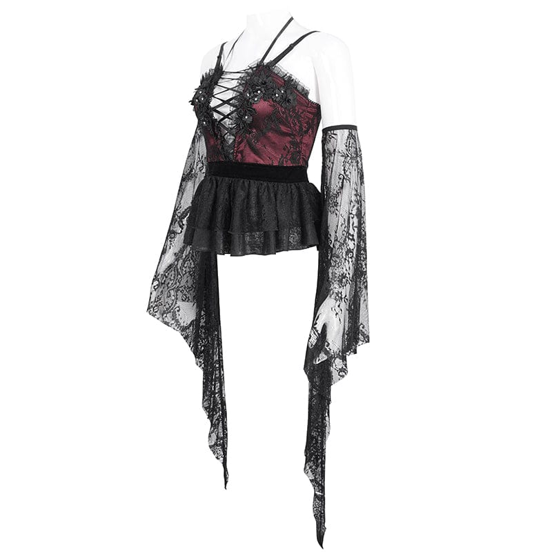 EVA LADY Women's Gothic Plunging Layered Lace Shirt with Oversleeves