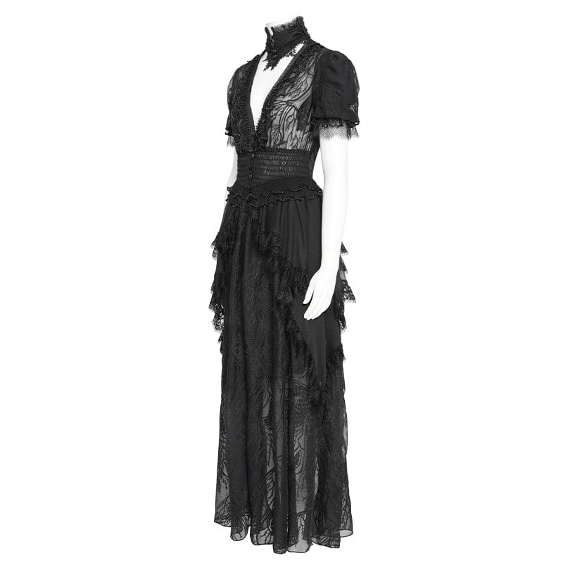 EVA LADY Women's Gothic Plunging Stand Collar Short Sleeved Maxi Dress Black