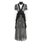 EVA LADY Women's Gothic Plunging Stand Collar Short Sleeved Maxi Dress Black-Grey