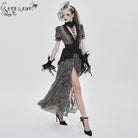 EVA LADY Women's Gothic Plunging Stand Collar Short Sleeved Maxi Dress Black-Grey