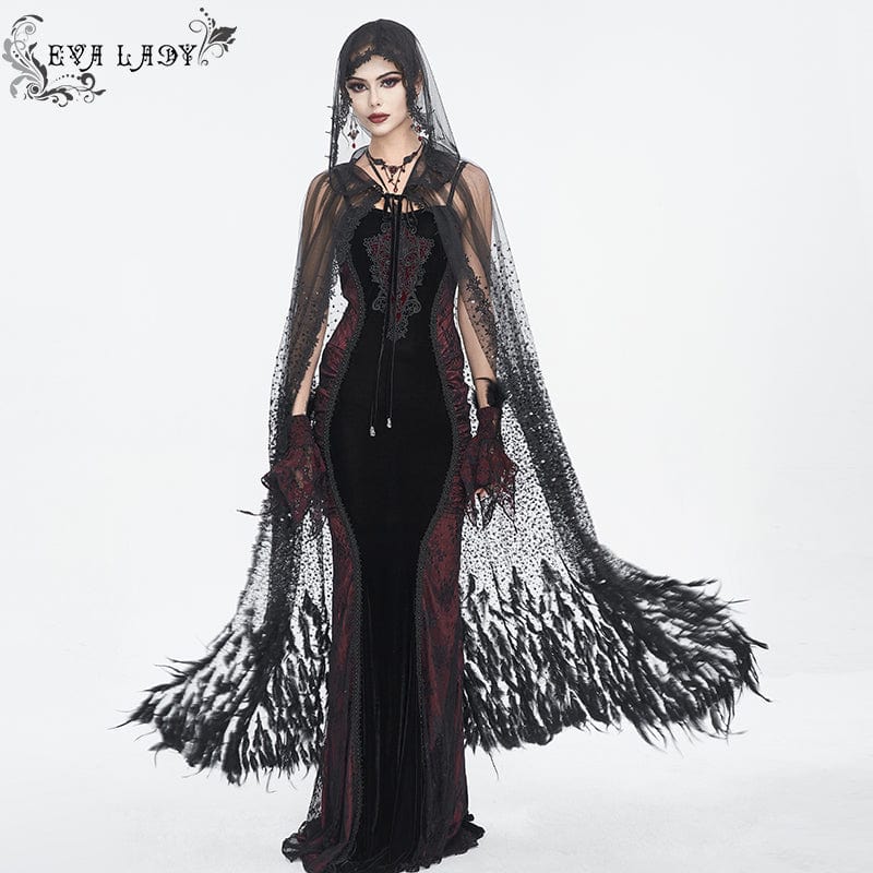 EVA LADY Women's Gothic Rhinestone Feather Cape with Hood