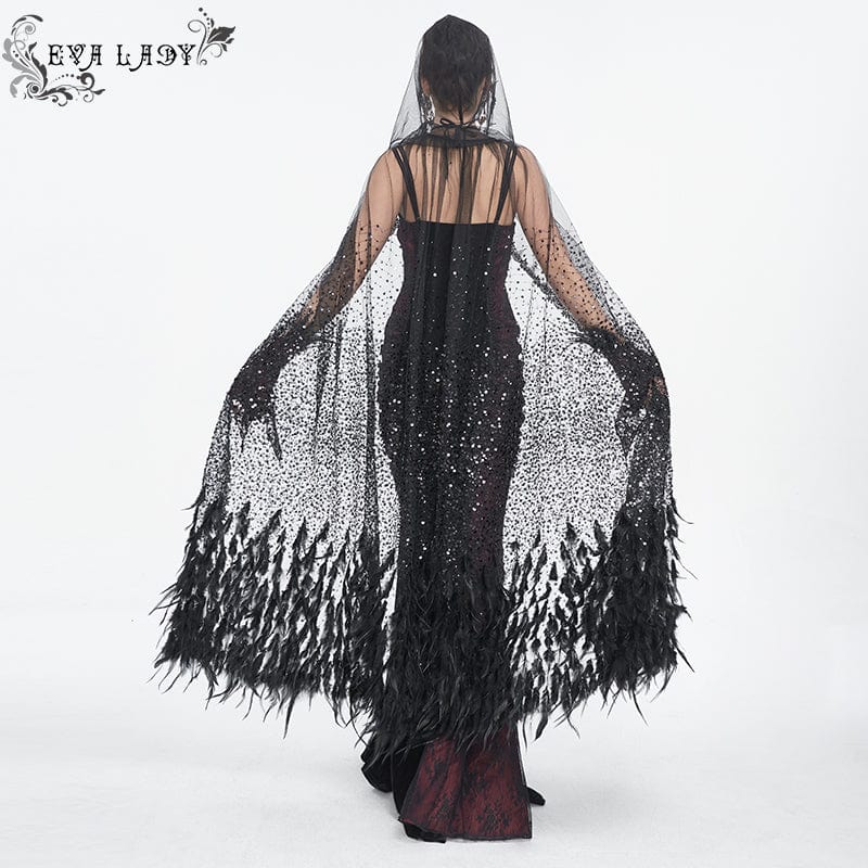 EVA LADY Women's Gothic Rhinestone Feather Cape with Hood