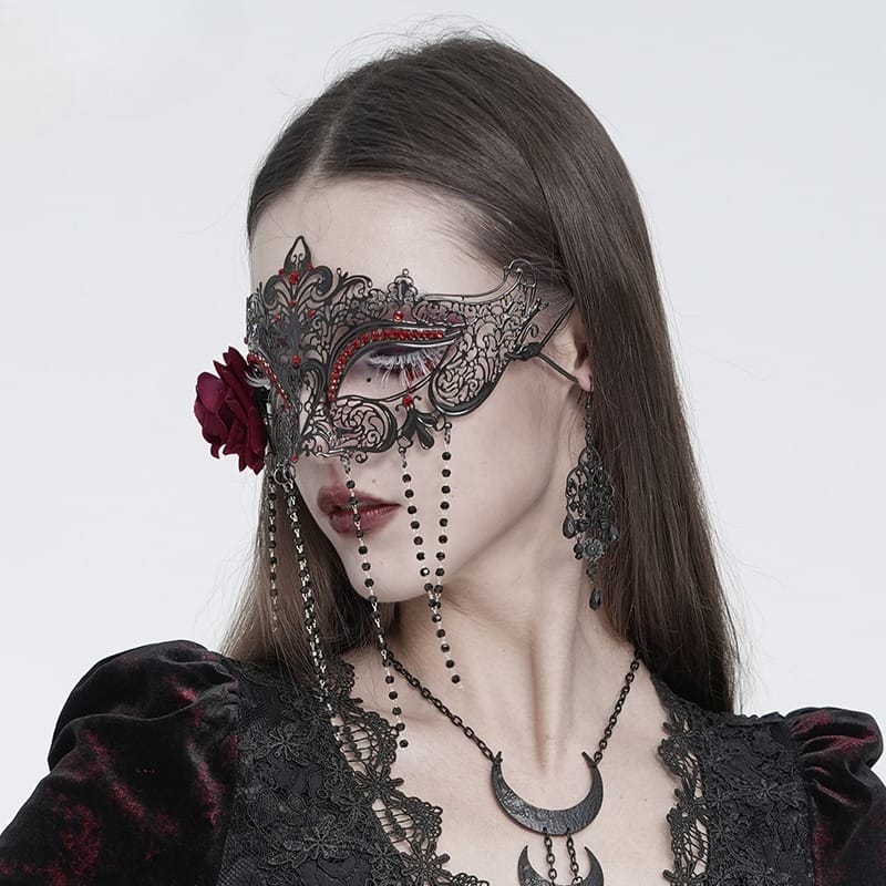 EVA LADY Women's Gothic Rose Beaded Fringe Cutout Mask Black-Red