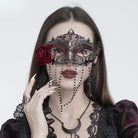 EVA LADY Women's Gothic Rose Beaded Fringe Cutout Mask Black-Red