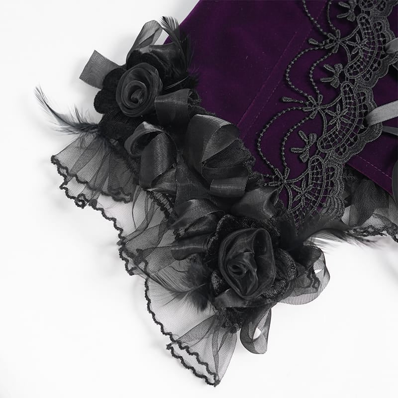 EVA LADY Women's Gothic Rose Beaded Tassel Lace Mesh Trim Lace‑up Overbust Corset Black-Purple