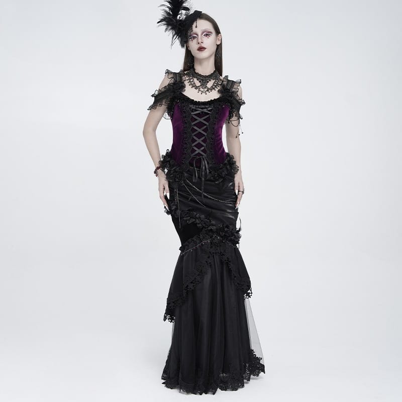 EVA LADY Women's Gothic Rose Chain Asymmetric Pleated Mermaid Long Skirt