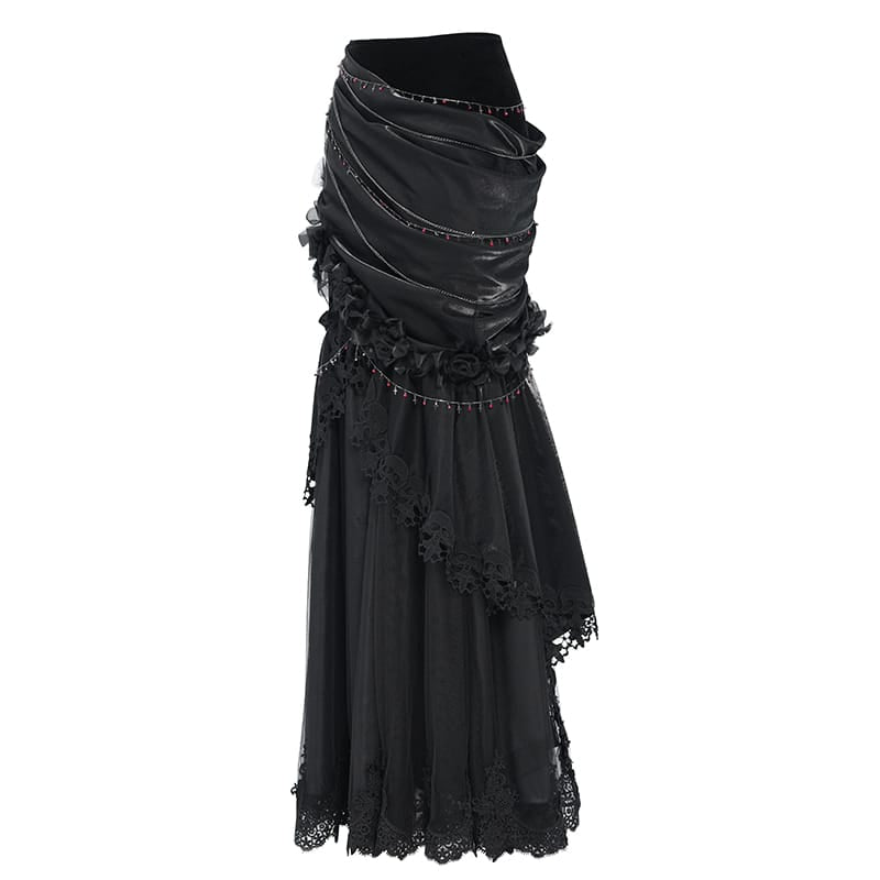 EVA LADY Women's Gothic Rose Chain Asymmetric Pleated Mermaid Long Skirt