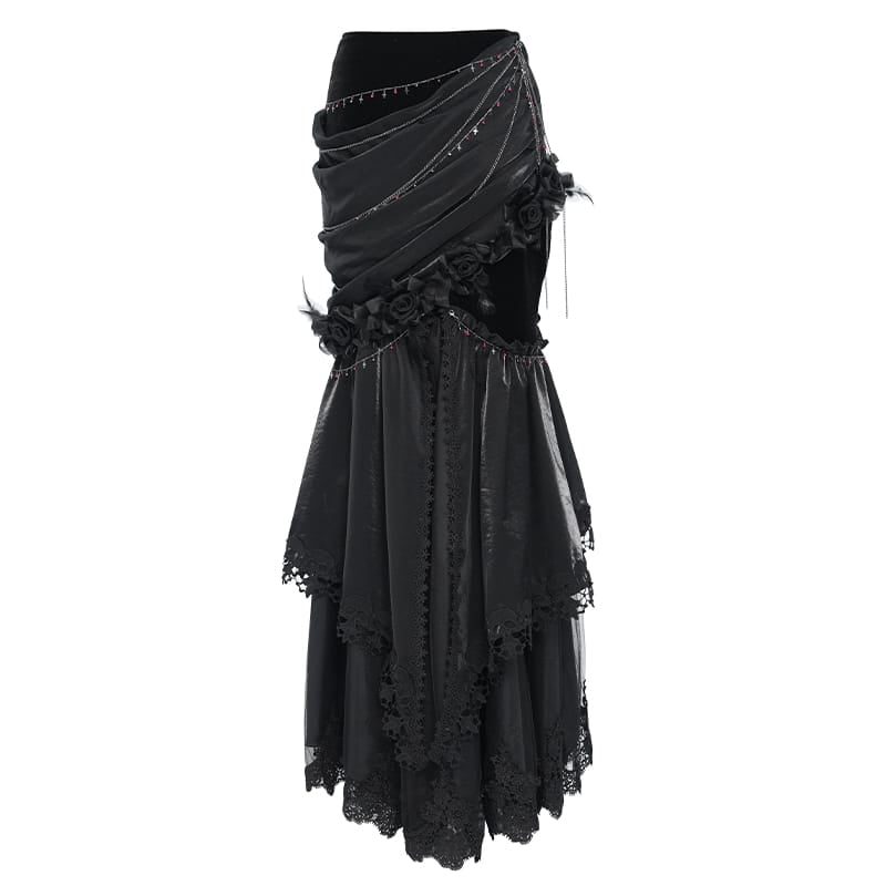 EVA LADY Women's Gothic Rose Chain Asymmetric Pleated Mermaid Long Skirt
