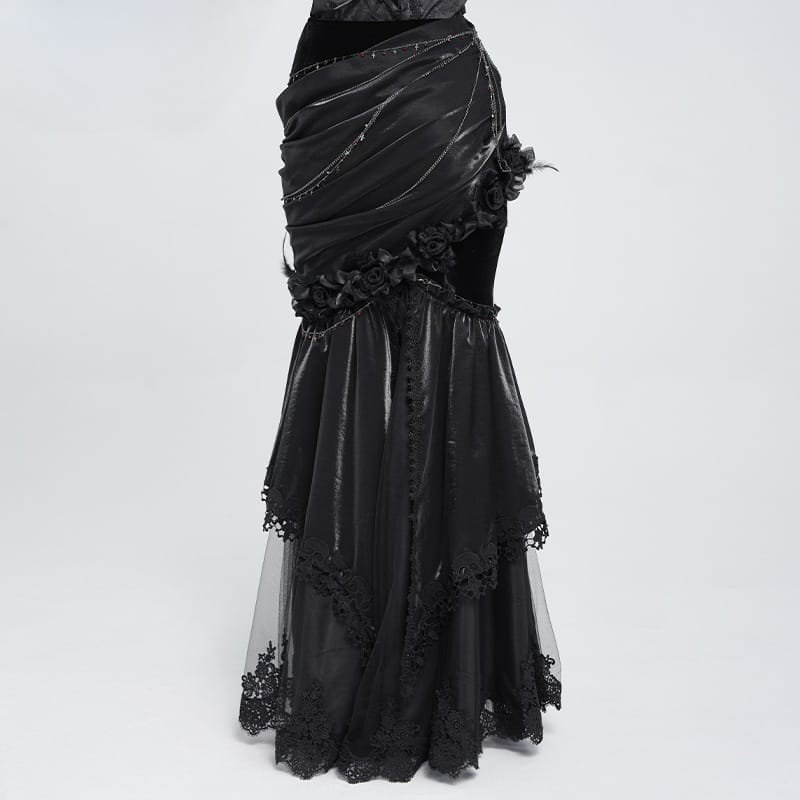 EVA LADY Women's Gothic Rose Chain Asymmetric Pleated Mermaid Long Skirt