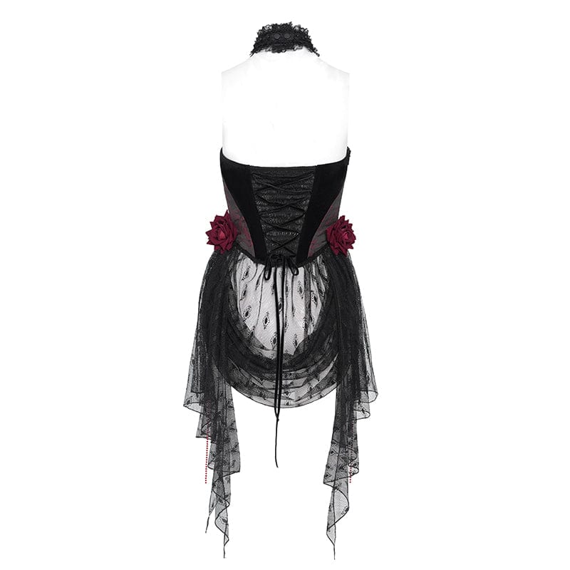 EVA LADY Women's Gothic Rose Heart Lace Splice Halterneck Shirt Red