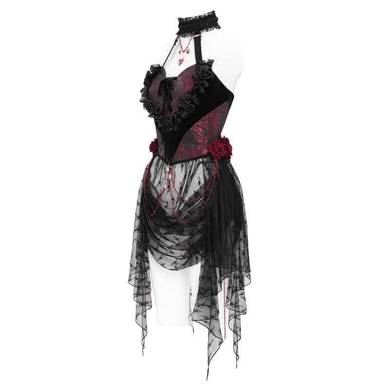 EVA LADY Women's Gothic Rose Heart Lace Splice Halterneck Shirt Red