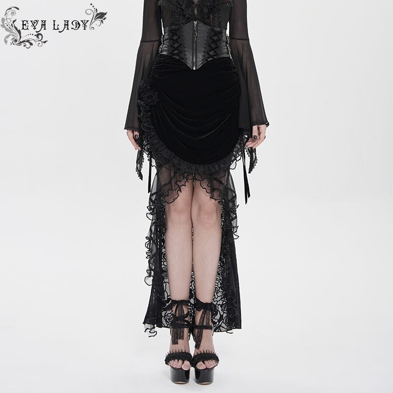EVA LADY Women's Gothic Rose Lace-up Irregular Hem Skirt Black