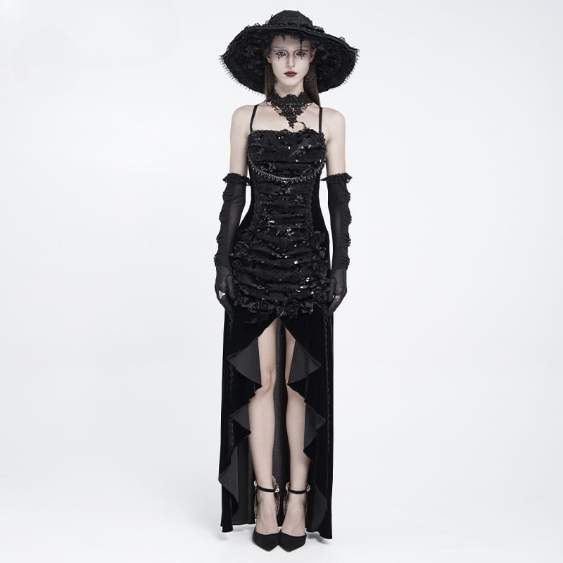 EVA LADY Women's Gothic Rose Lace-up Ruched High-Low Velvet Slip Dress