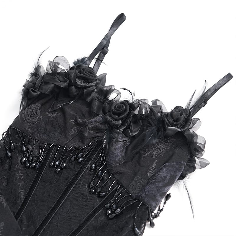 EVA LADY Women's Gothic Rose Ruffle Beaded Fringe Asymmetric Slip Dress