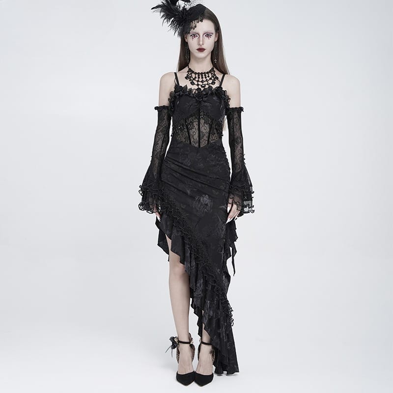 EVA LADY Women's Gothic Rose Ruffle Beaded Fringe Asymmetric Slip Dress