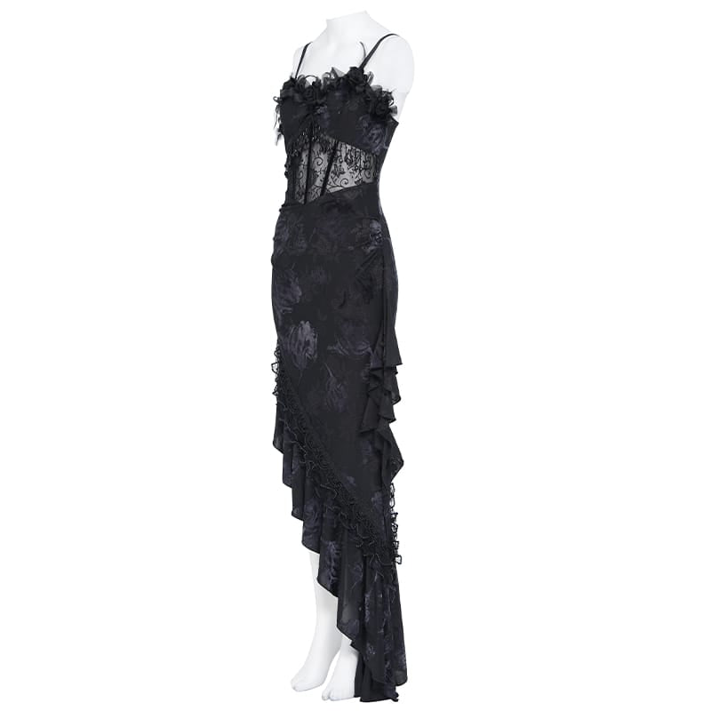 EVA LADY Women's Gothic Rose Ruffle Beaded Fringe Asymmetric Slip Dress