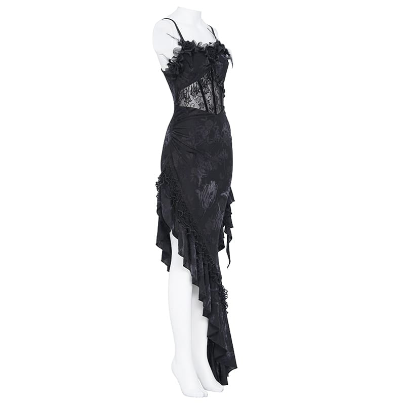EVA LADY Women's Gothic Rose Ruffle Beaded Fringe Asymmetric Slip Dress