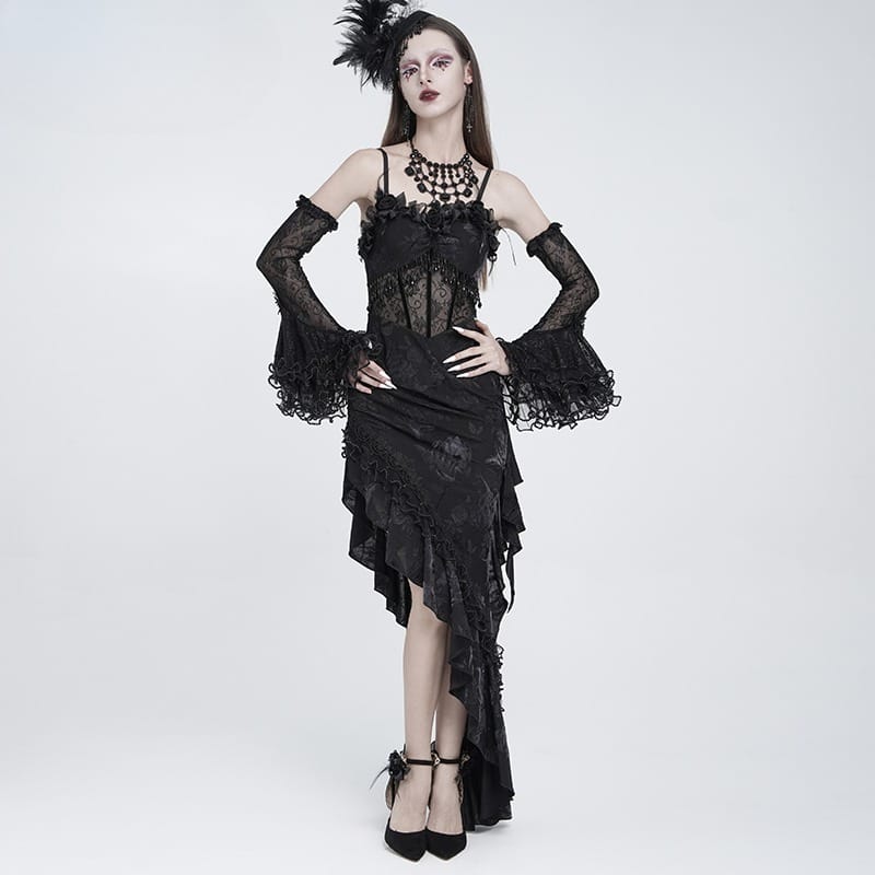 EVA LADY Women's Gothic Rose Ruffle Beaded Fringe Asymmetric Slip Dress