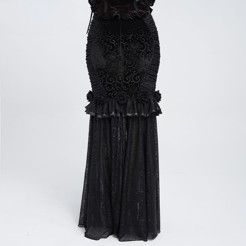 EVA LADY Women's Gothic Rose Ruffle Ruched Mermaid Long Skirt Black