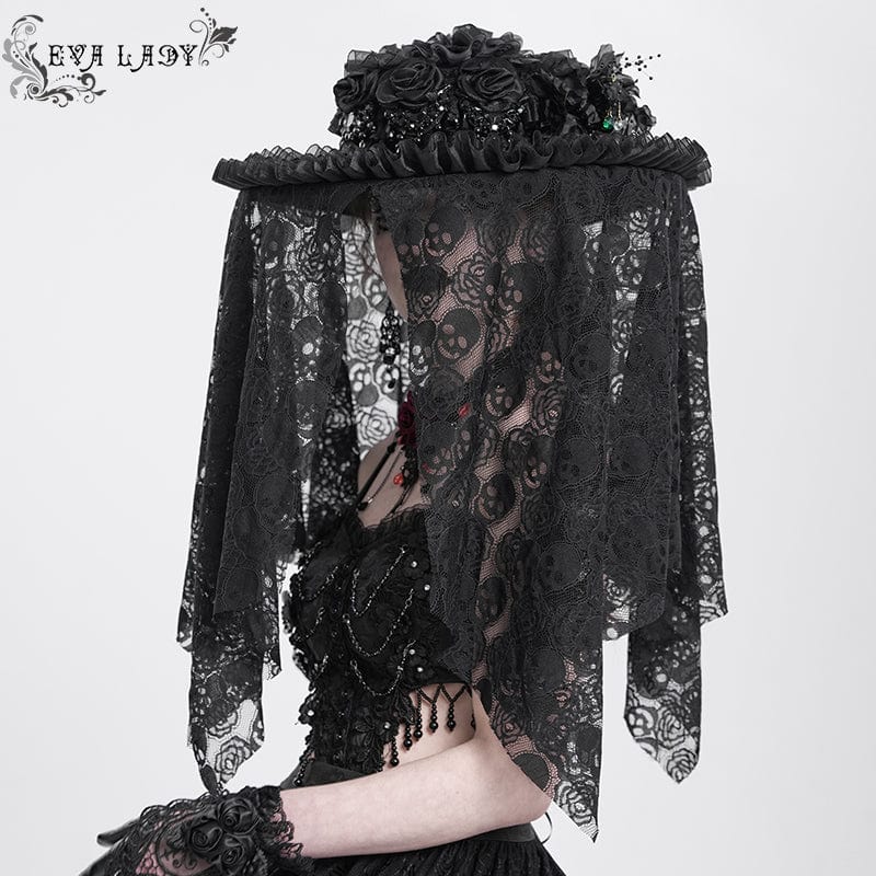 EVA LADY Women's Gothic Rose Ruffled Skull Mesh Hat