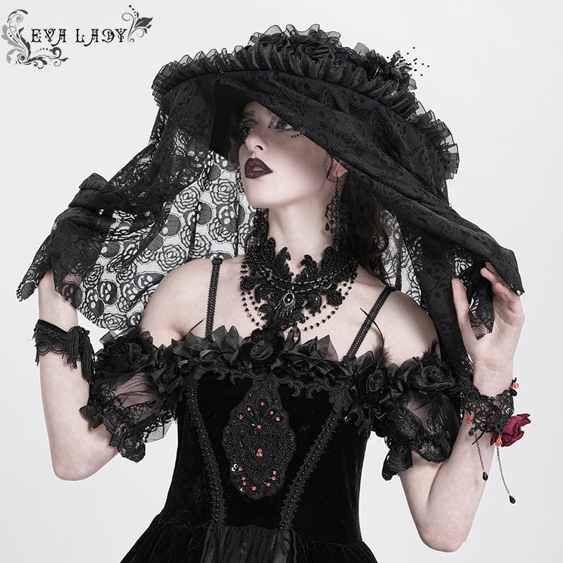 EVA LADY Women's Gothic Rose Ruffled Skull Mesh Hat